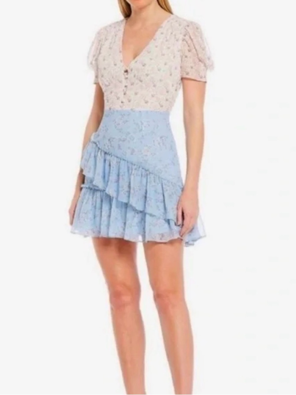 Shabby Chic Floral Mini Dress Cottagecore Pink Blue Ruffle Hem Puff Sleeve Small